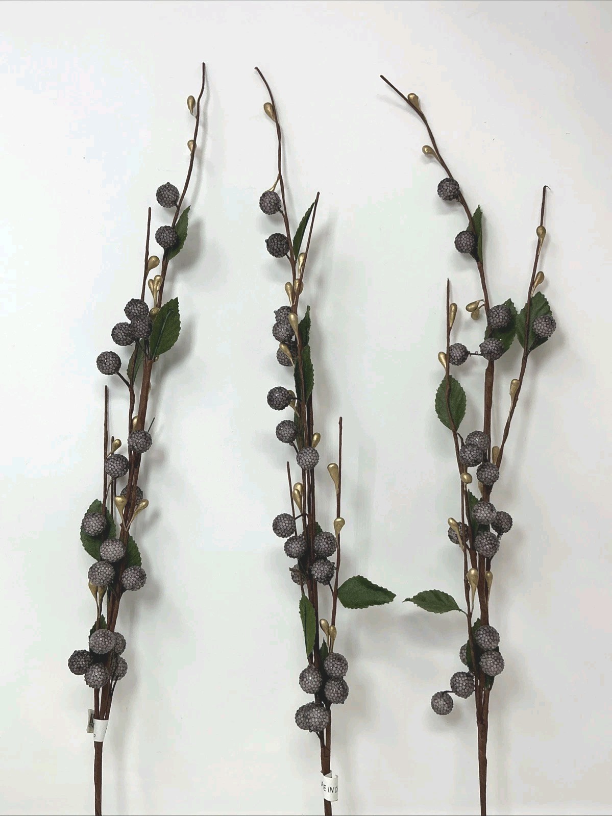 Sugared Berry Floral Pick 23” Purple and Gold Berries Green Leaves 3 Picks NOS