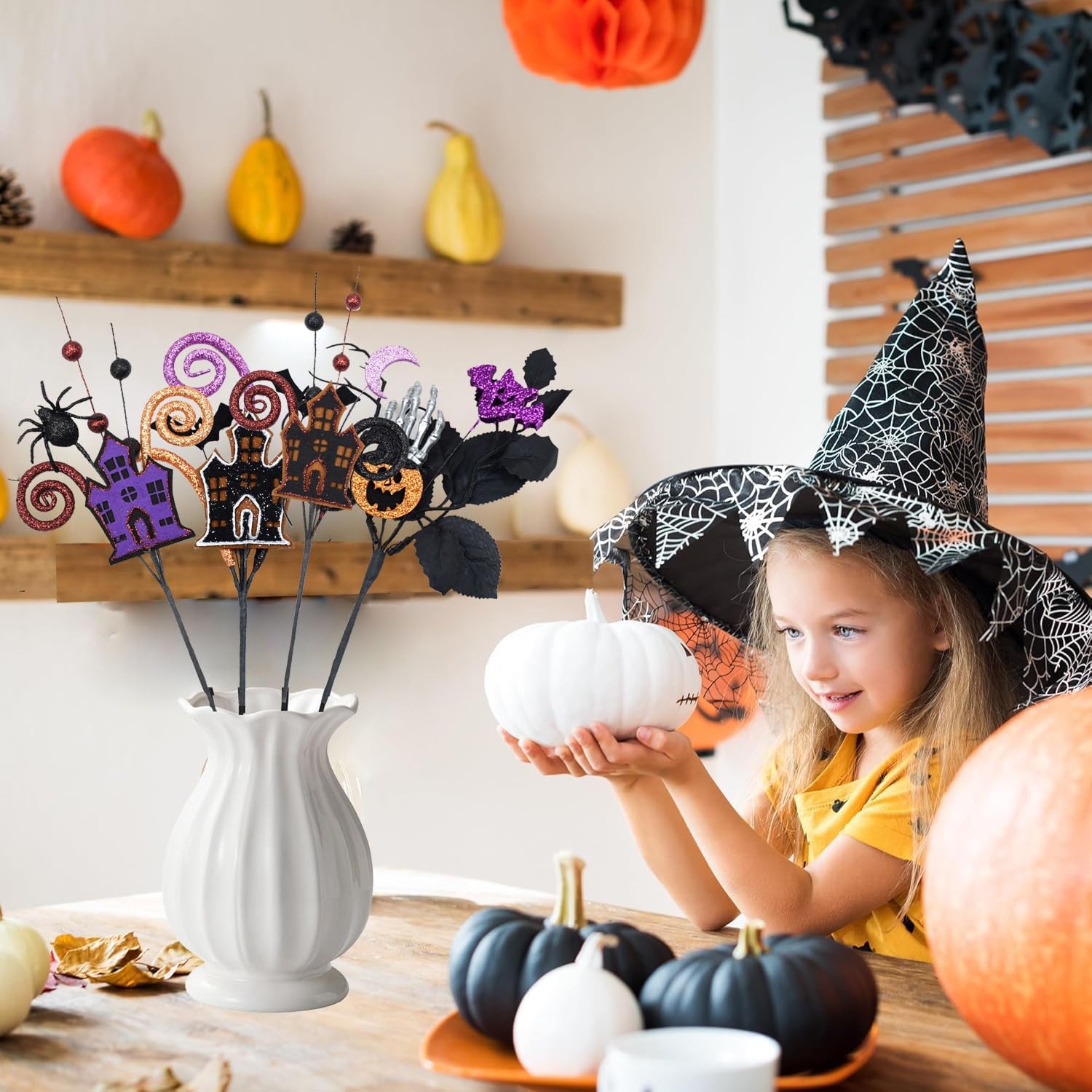 4 Pcs Artificial Halloween Floral Picks Purple Orange Black Berry Stems Hallo…