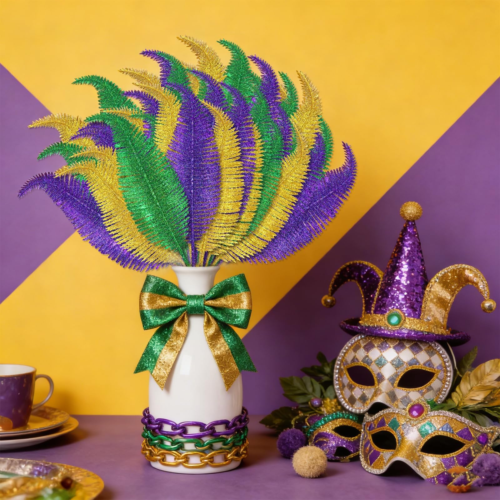 Mardi Gras Feathers Leaves Decorations Green Gold Purple Glitter Picks Bulk f…