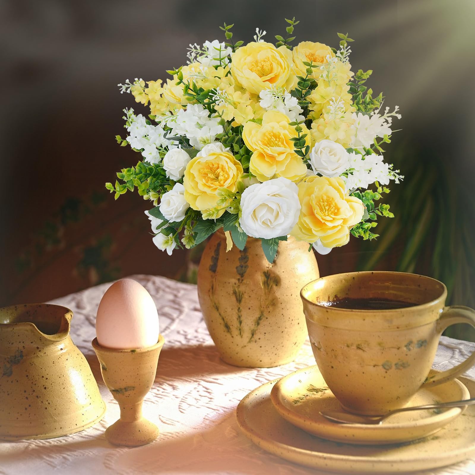 6Pcs Peonies Artificial Flowers Silk Rose Bouquets Yellow White Faux Floral A…