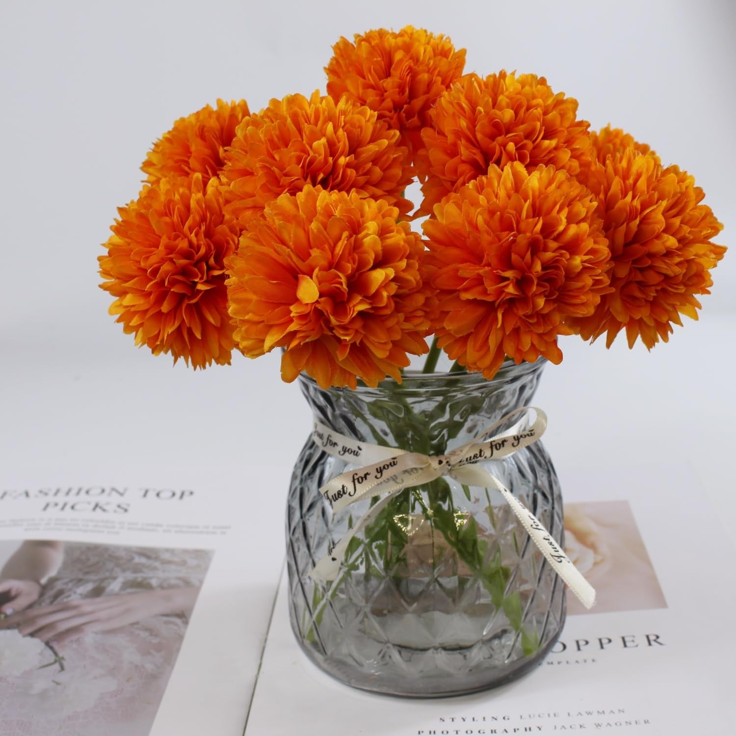 Artificial Silk Faux Chrysanthemum Flower Bouquets Orange Fall 12 PCS