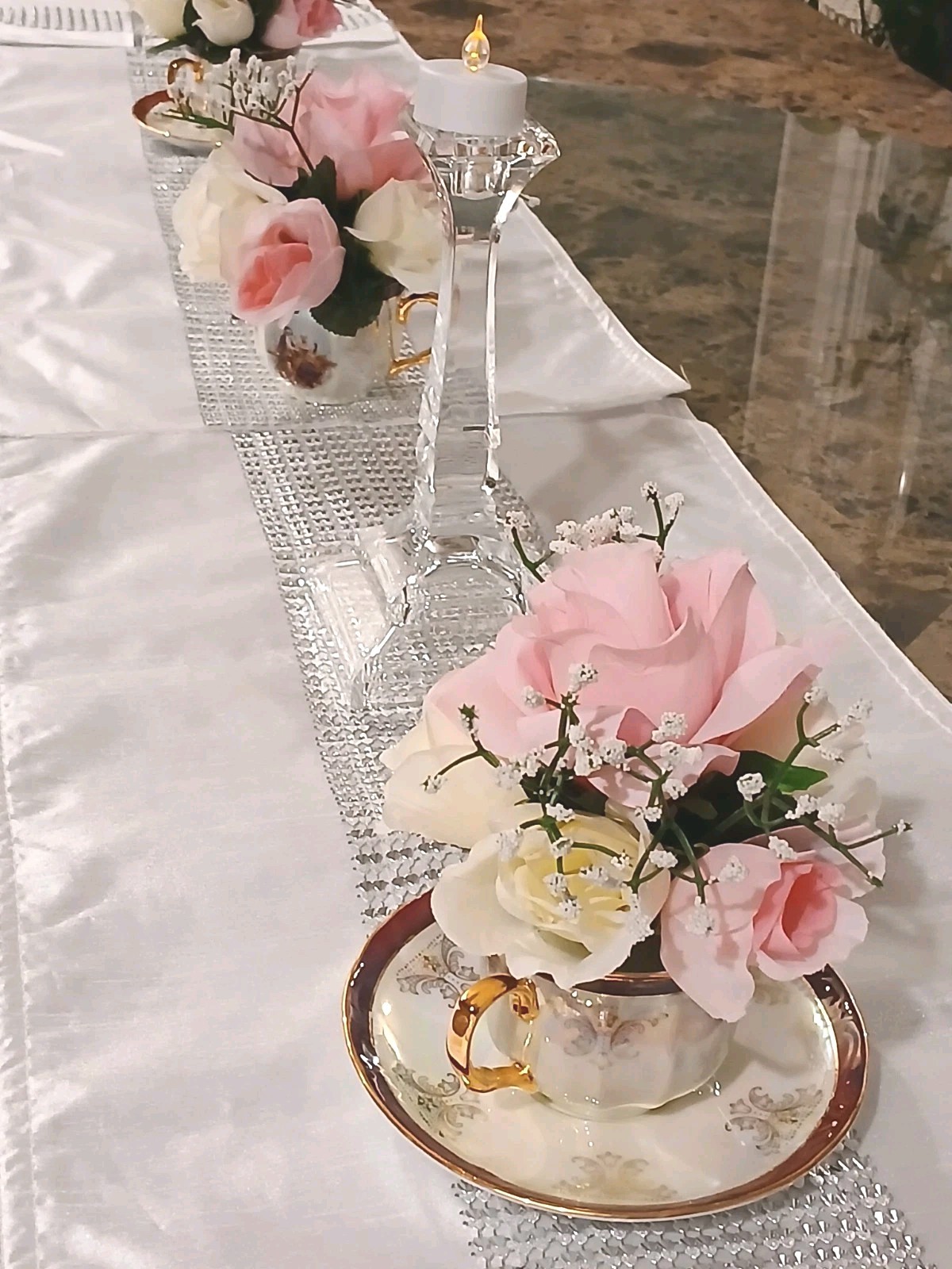 Bridal Pink & White Roses Floral Arrangement Tea Party Cup POP-IN Birthday Love