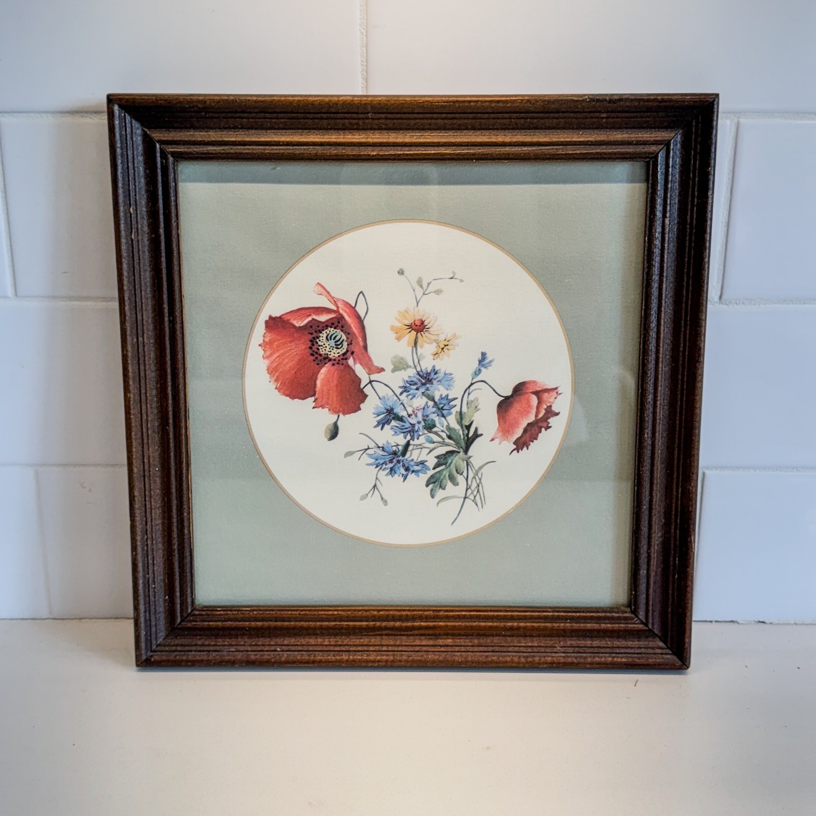 Vintage Wooden Framed Botanical Red Poppy & Wildflower Print w/ Matte, 9.5″