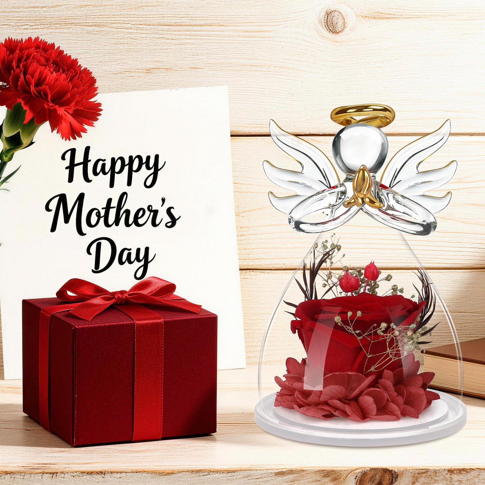 Red Preserved Flowers Angel Figurines Mom Grandma Wife Mothers Day Gifts