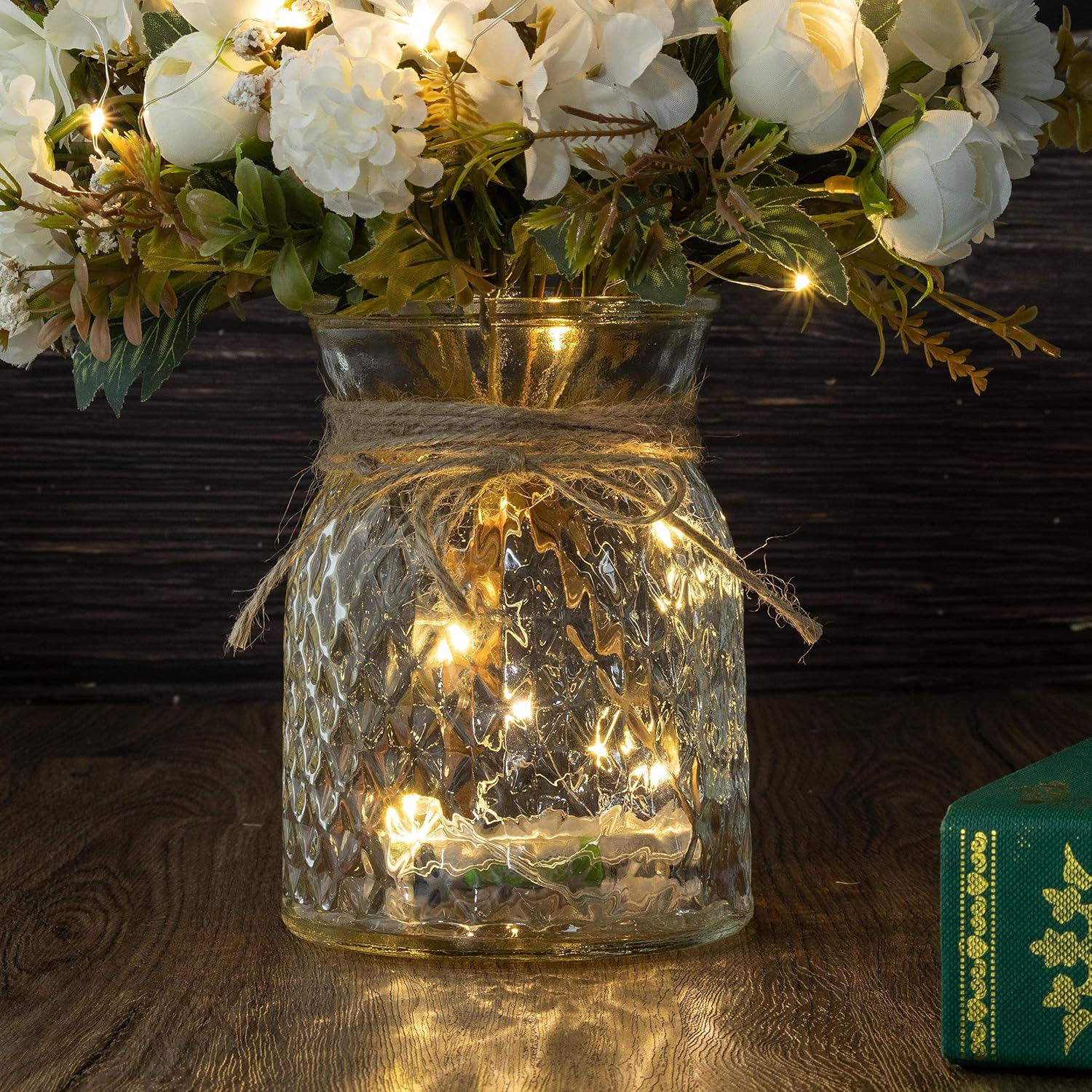Aitificial LED White Rose Flowers with Glass Vase, Flower Arrangement for Table
