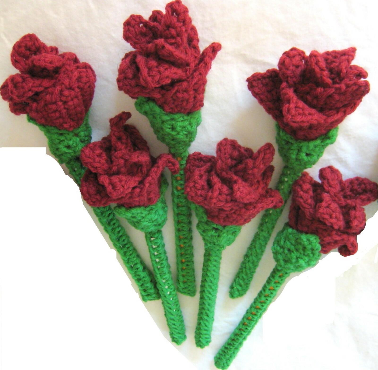 6 HANDMADE Knit CROCHET Long GREEN Stem MAROON ROSE Flower FLORAL Decor BOUQUET!