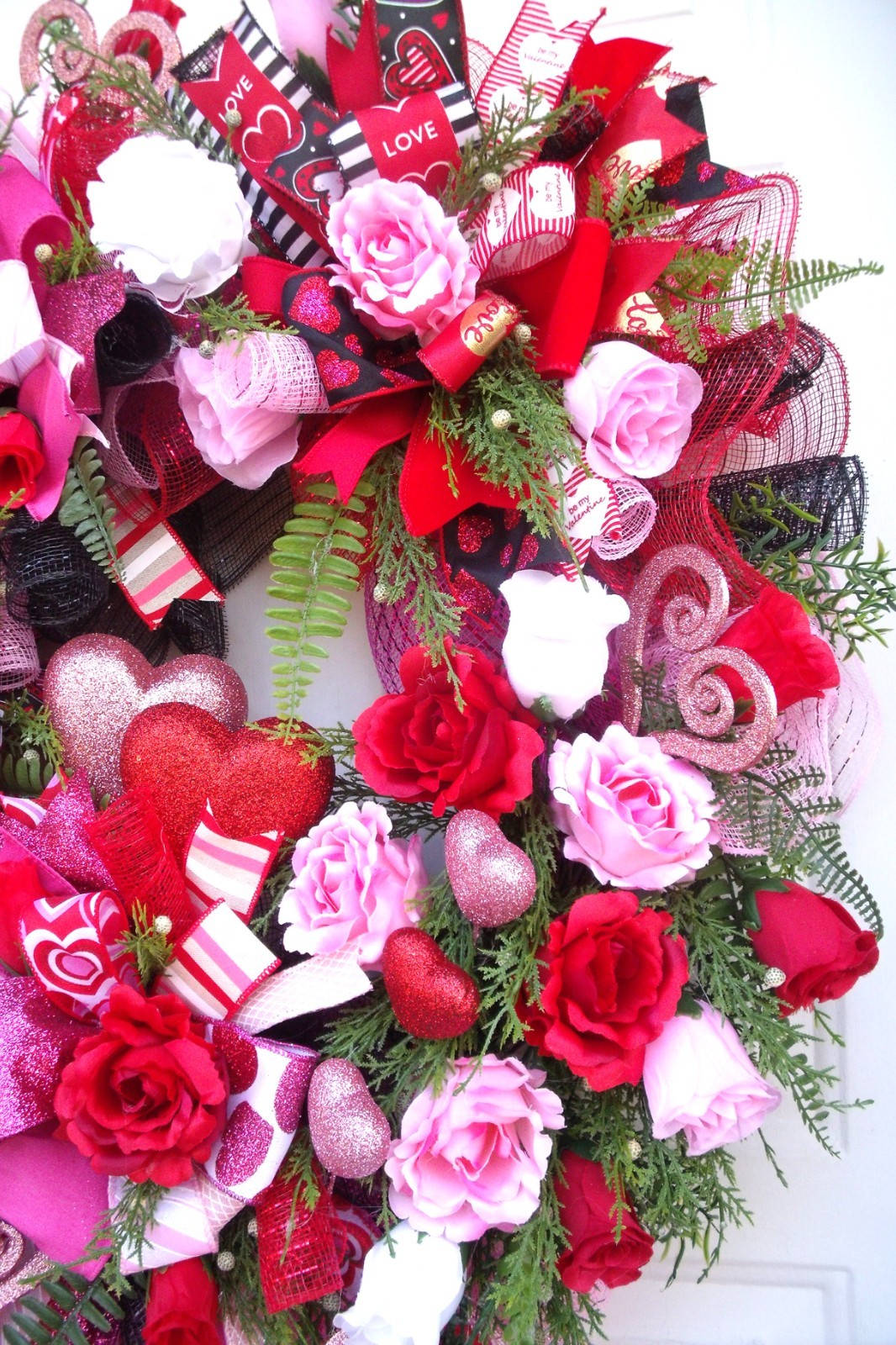 Valentine Ribbons & Roses Wreath-Hearts-Greenery, Reds/Pinks/White-Door or Wall