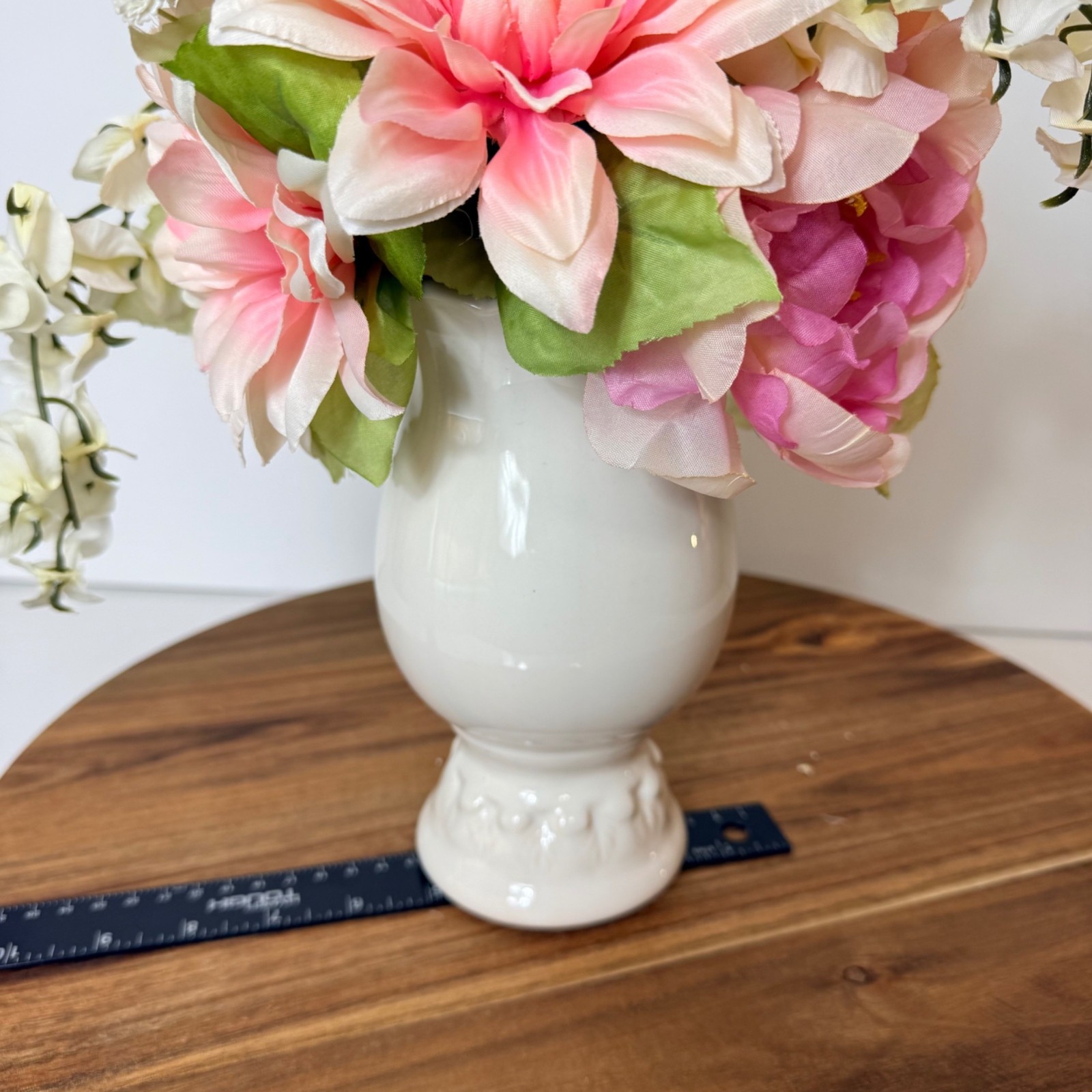 Vintage Faux Floral Arrangement White Ceramic Pedestal Vase Pink Peonies Decor