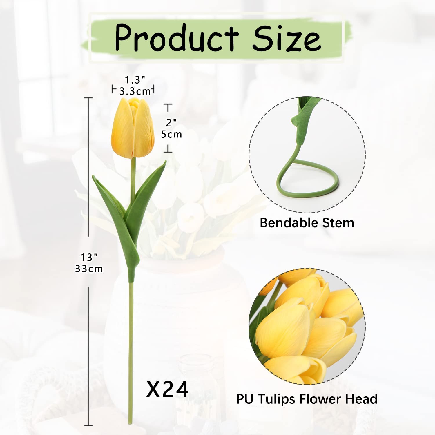 24 Pcs Yellow Tulips Artificial Flowers Real Touch Fake Tulips Fake Flowers f…