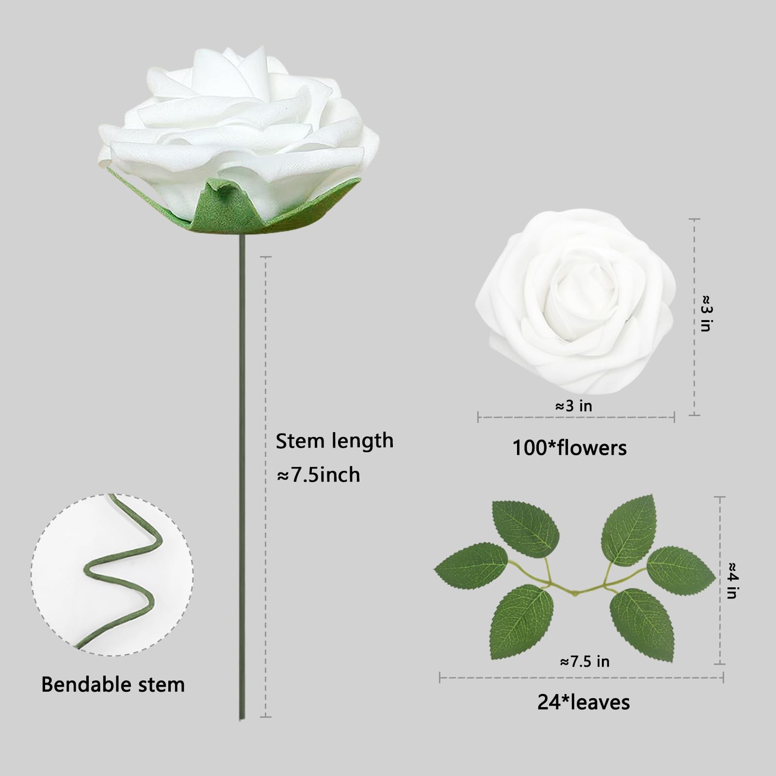 WANTMAZOR Artificial Flowers White Roses 100PCS Real Looking Foam Fake Roses …