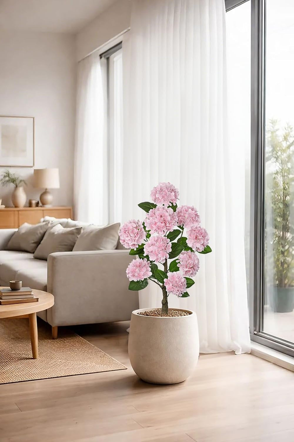 3FT Pink Hydrangea Faux Silk Flowers in Black Pot, 2 Pack for Home Decor