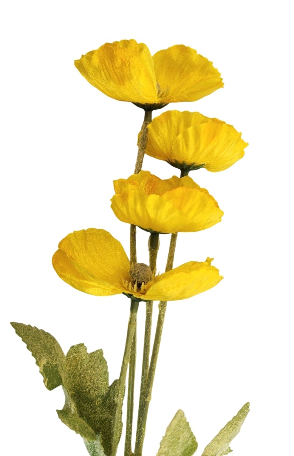 Yellow Artificial Poppy Flower Stems Silk & Plastic Foliage Single Stem Realisti