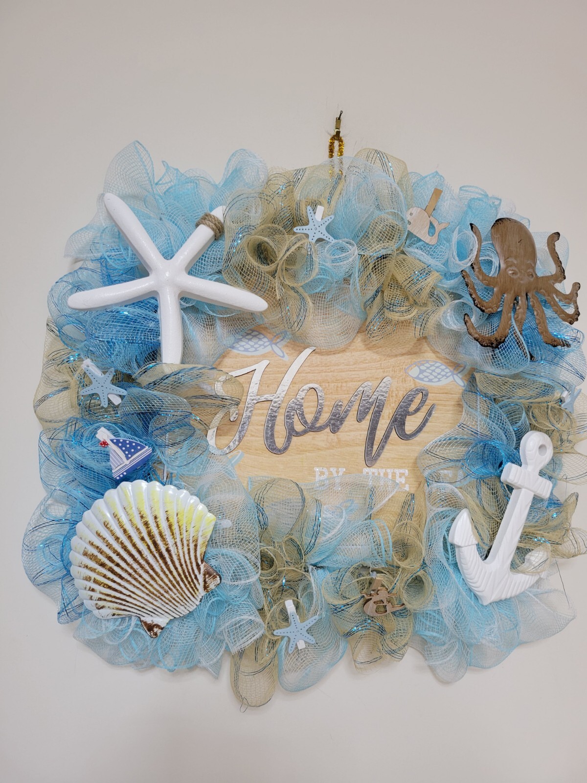 HOME by The Sea Coastal Spring Summer Mesh Front Door Wreath Wall Decor Beach