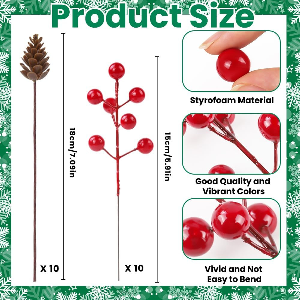 60 Pcs Christmas Artificial Pine Branches Red Berry Stems and Pine Cones, Fake F