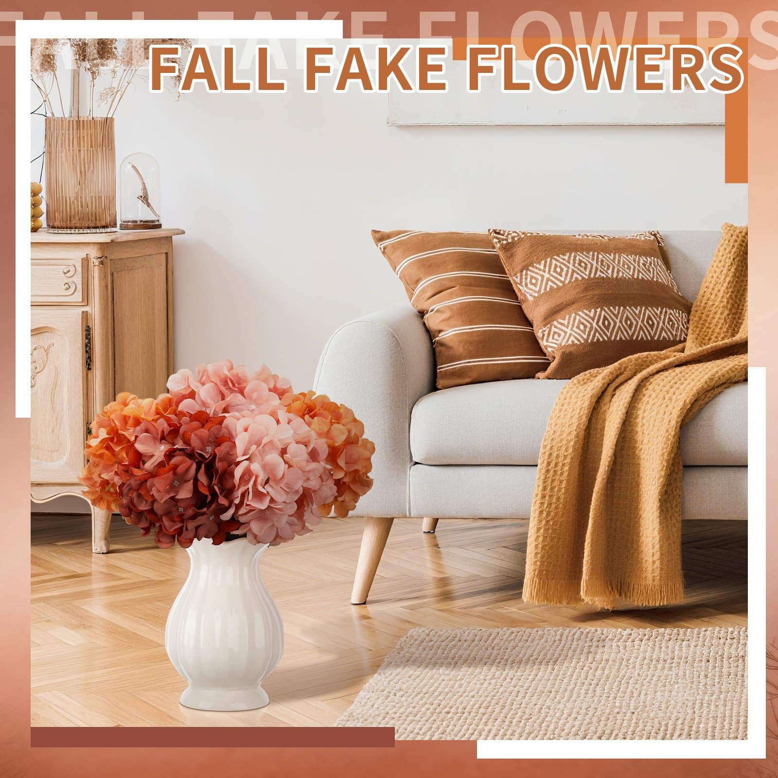9 Pcs Burnt Orange Fall Hydrangea Artificial Flowers 23.6″ Vintage Faux Silk …
