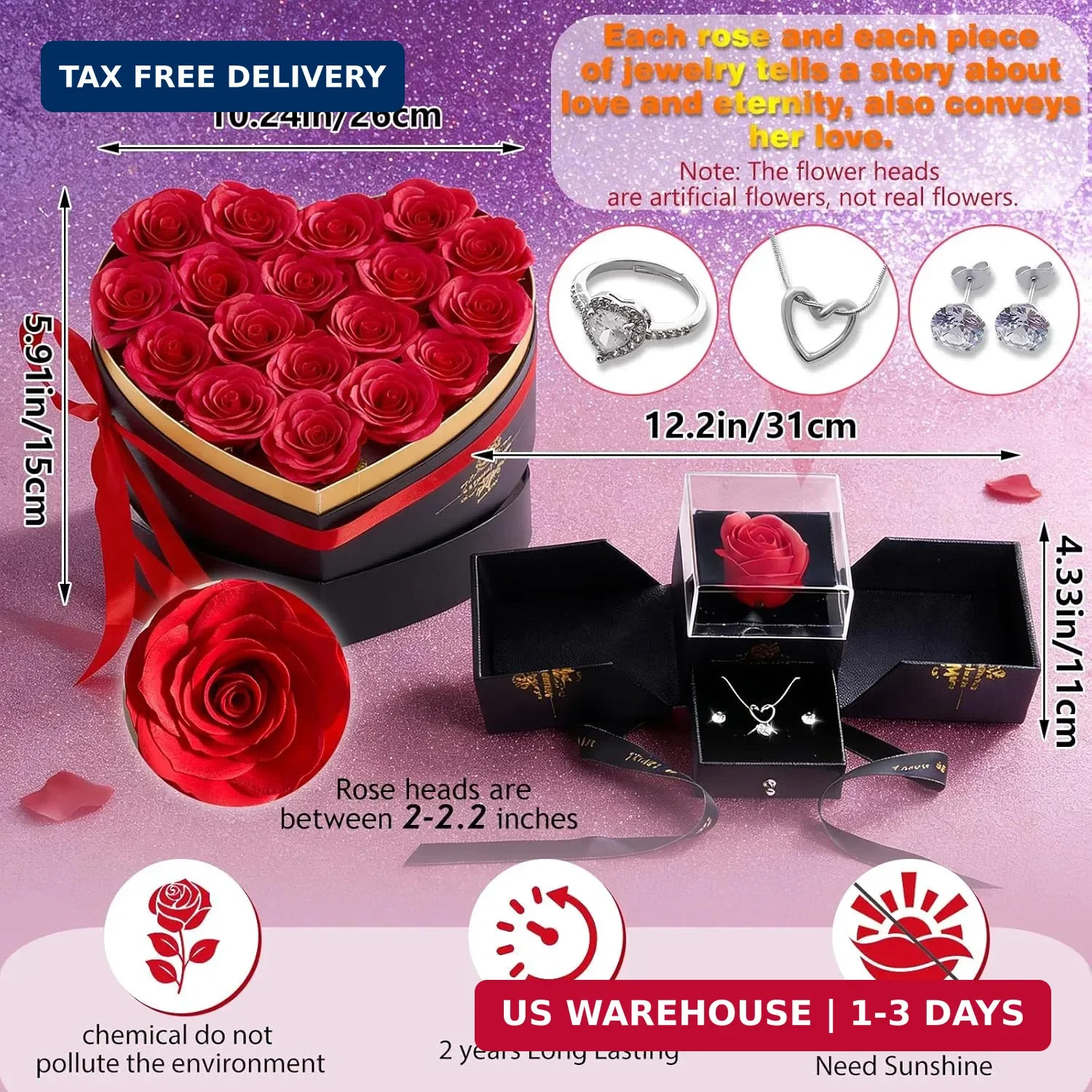 Artificial Forever Preserved Flowers Box & Preserved Roses with Necklace Ring Ea