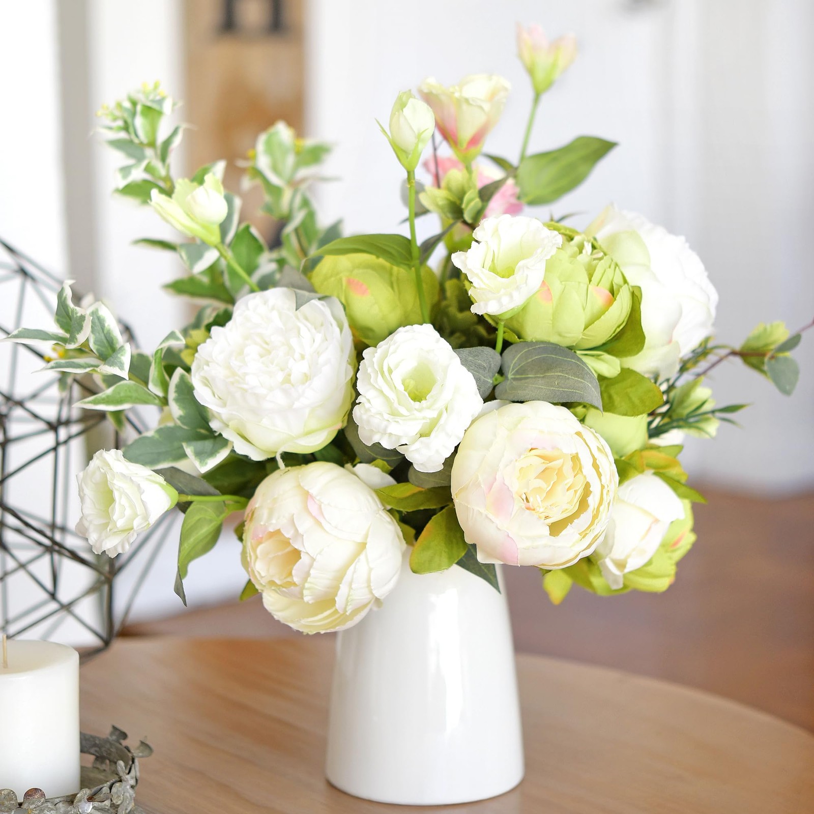 Artificial Peony Bouquets, 2 Cream Beige & Moss Green Silk Flower Bundles for…