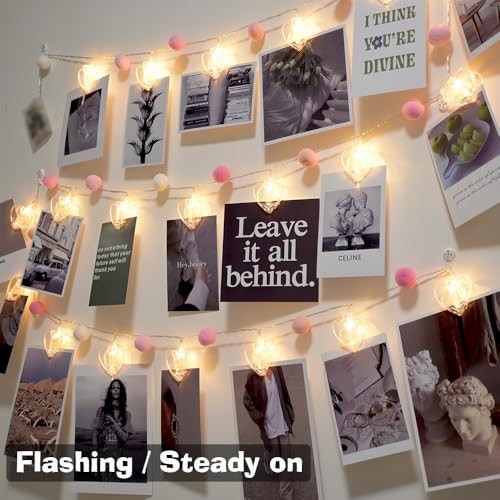 9.85Ft Photo Clip String Lights with 20 Cute Pompoms 20 LED Pink Pom-Heart