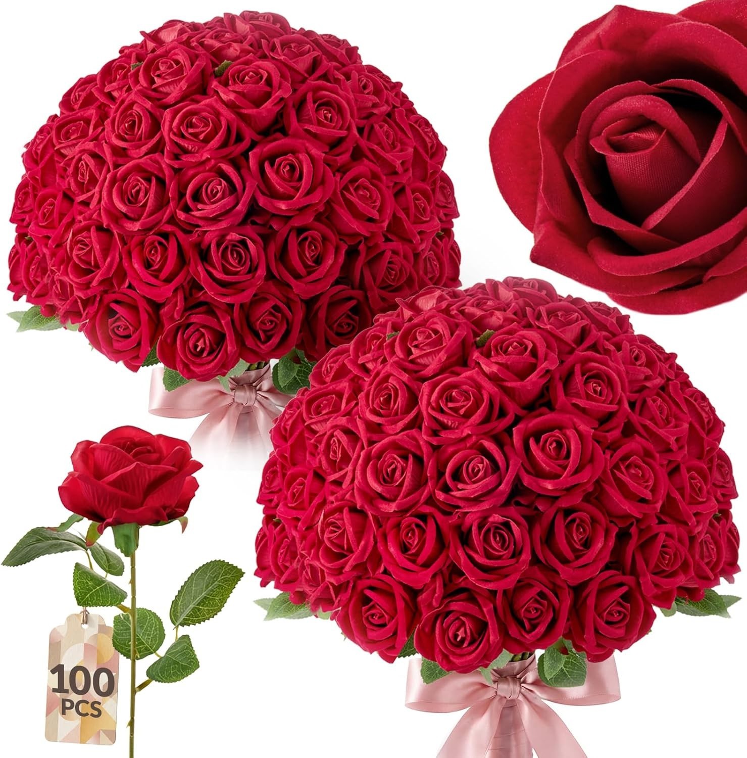 100PCS Roses Artificial Flowers with Realistic Foliage, 20″ Overall Length, B…