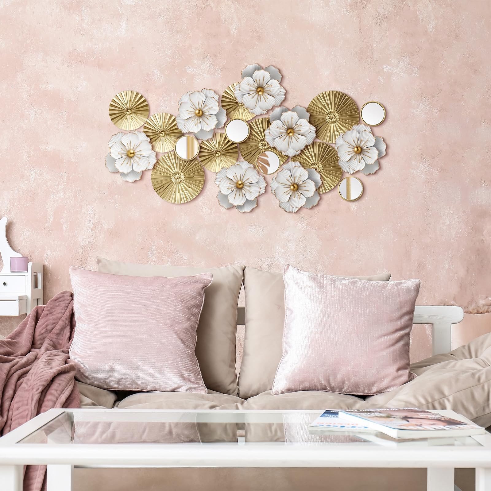 Briwooody Metal Flower Wall Decor Ivory Plates Mirror Flower, Gold