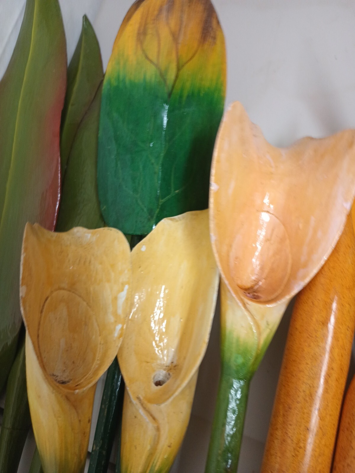 VTG Wood Tropical Flowers Long Stem 36″ Leaves Lot Of 13 Wooden Painted Carved
