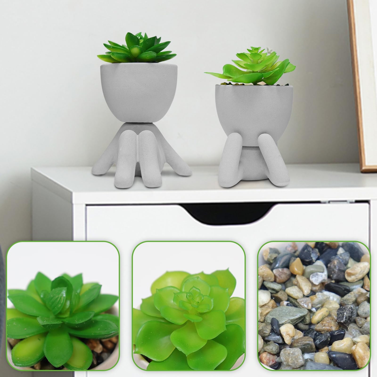Cement Gray Artificial Succulent Plants Human Shaped Pots Desk Decor 2 PCS