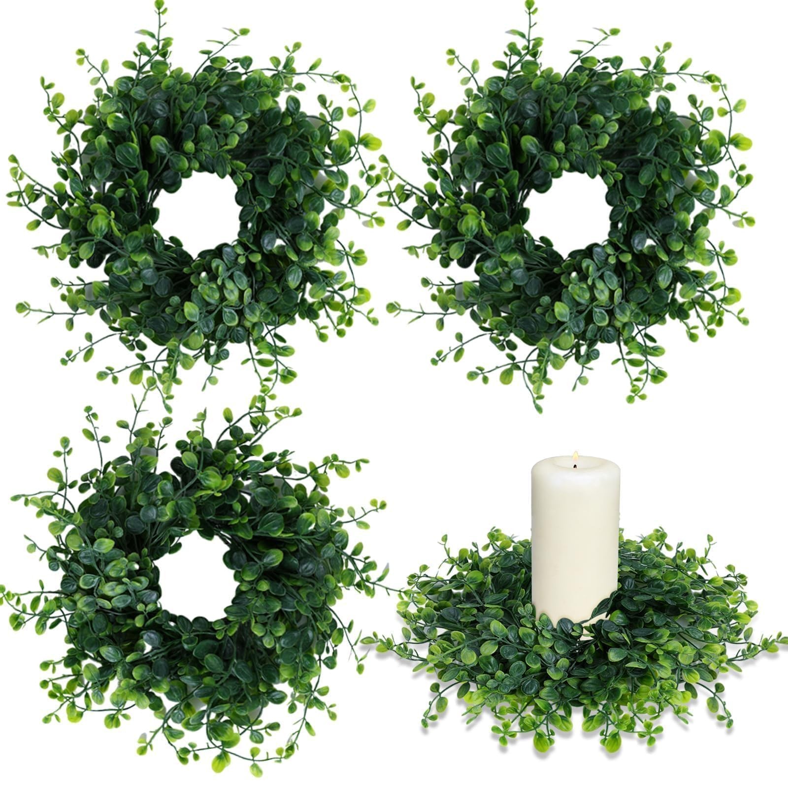 4 PCS 3 Inch Green Boxwood Candle Rings Wreaths Pillar Wedding Party Decor