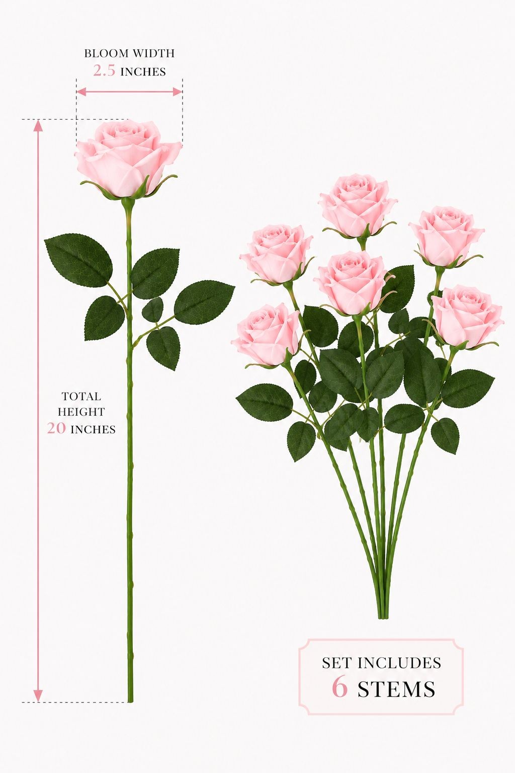 Set of 6 Artificial Light Pink Rose Stems 20 Inch Faux Roses Blush Pink Wedding