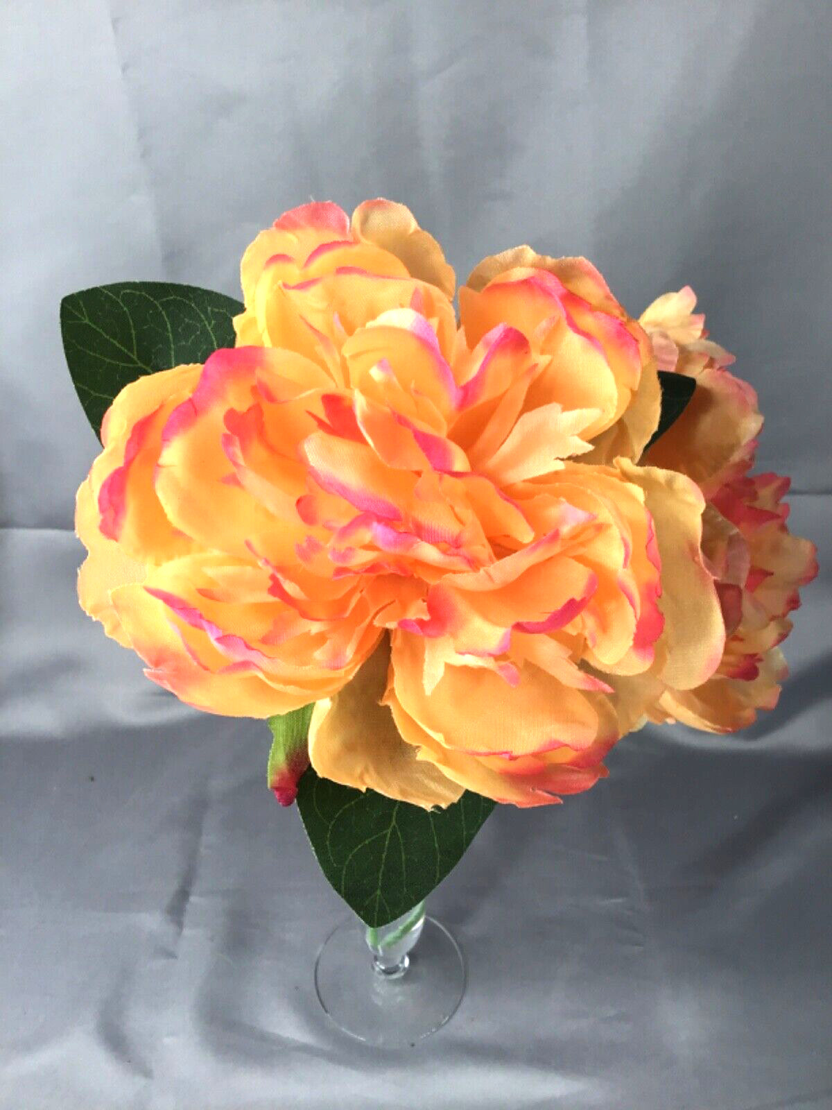 Creamy Peach & Pink Peony Artificial Arrangement in Faux Water Vtg Glass Vase