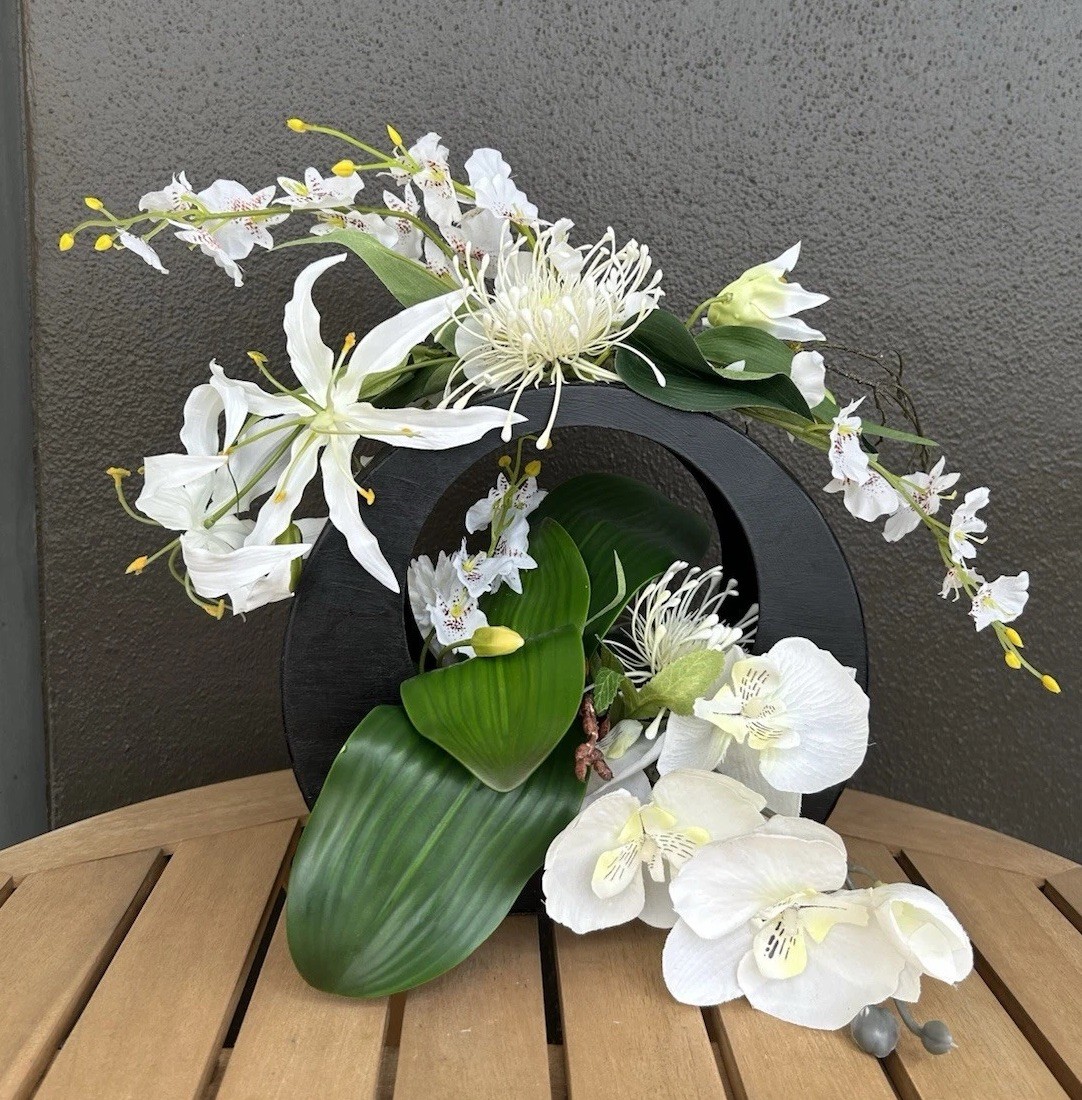 Silk Floral arrangement, centerpiece, orchids, lilies, Japanese,contemporary,