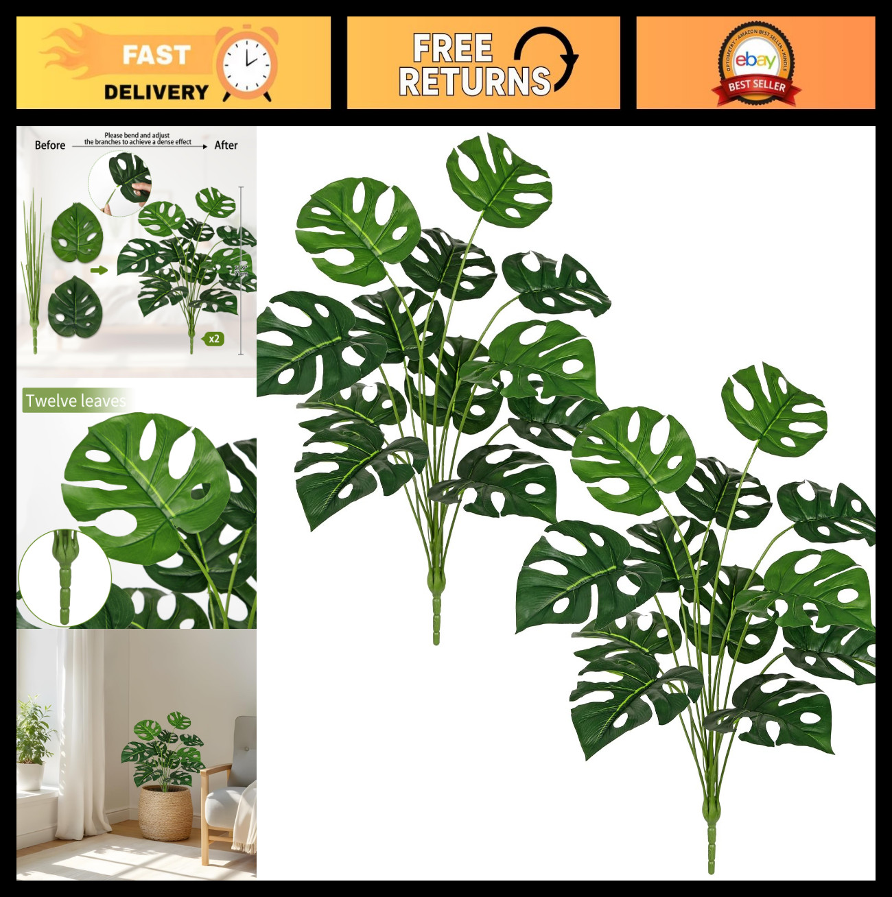 2PCS 28″ Artificial Monstera Leaves – Faux Tropical Greenery for Home, Garden, W