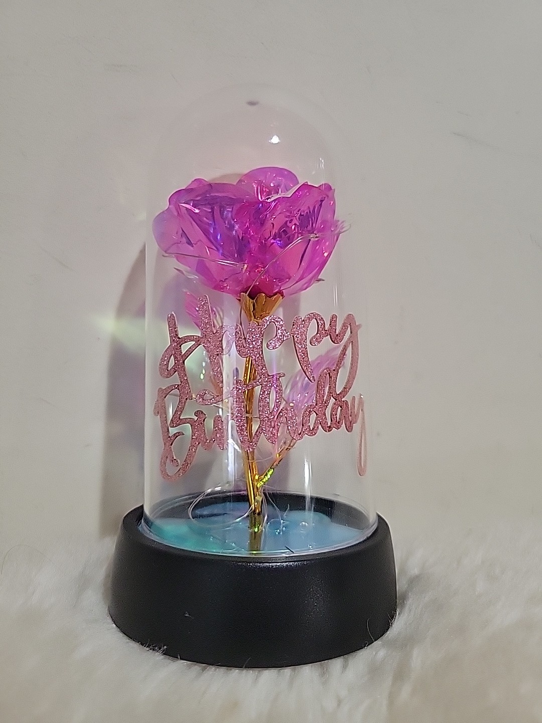 New With Box – Crystal Rose with LED Light In Dome Cover – Happy Birthday – Pink