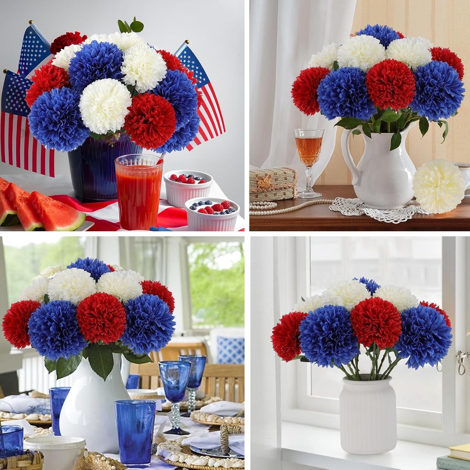 Realistic Silk Chrysanthemums – 12 Count Red, White & Blue – Indoors/Outdoors