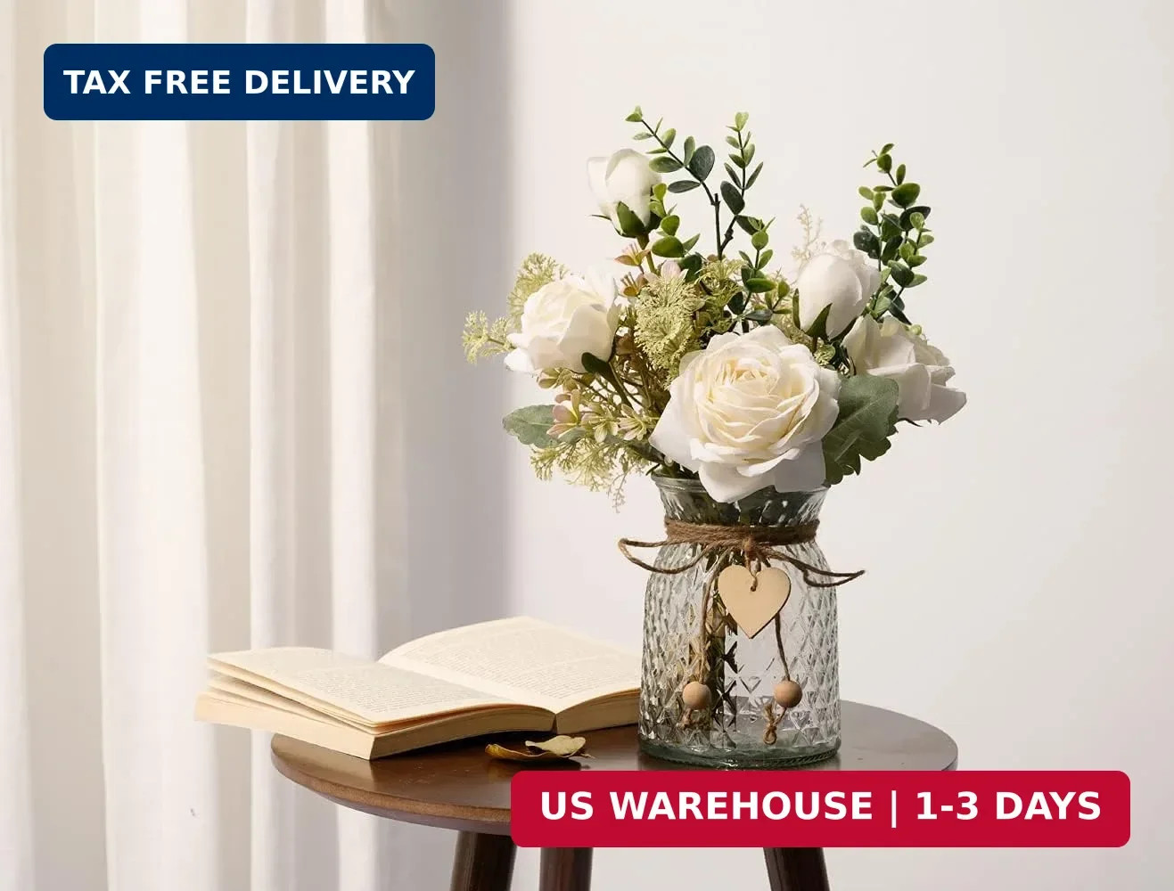 YJ Fake Flowers with Vase, Silk Roses Artificial Flowers in Vase, Faux Flower Pl
