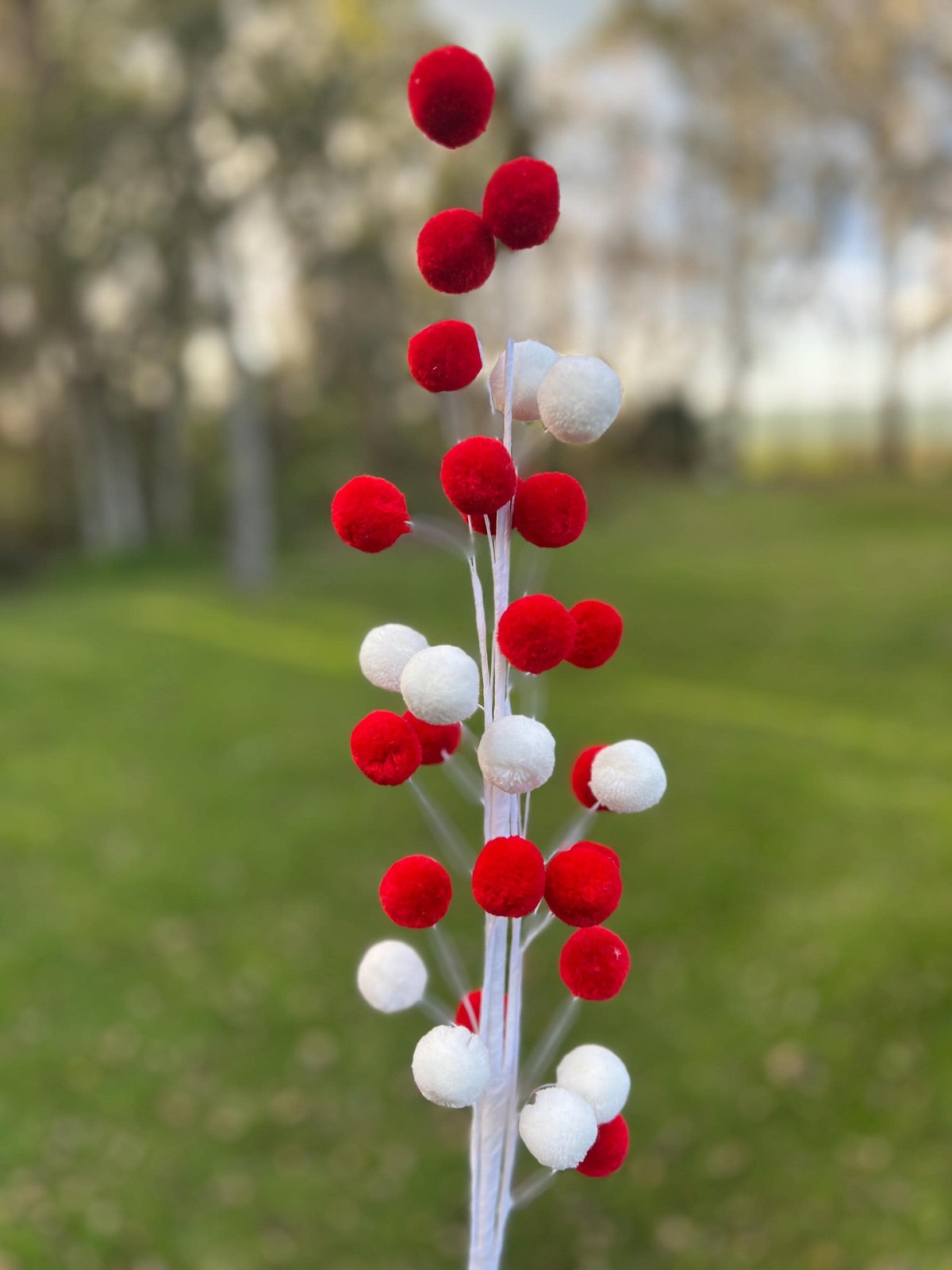 Extra Long 32-inch Red & White Pom Pom Spray – Festive Christmas Tree Decoration