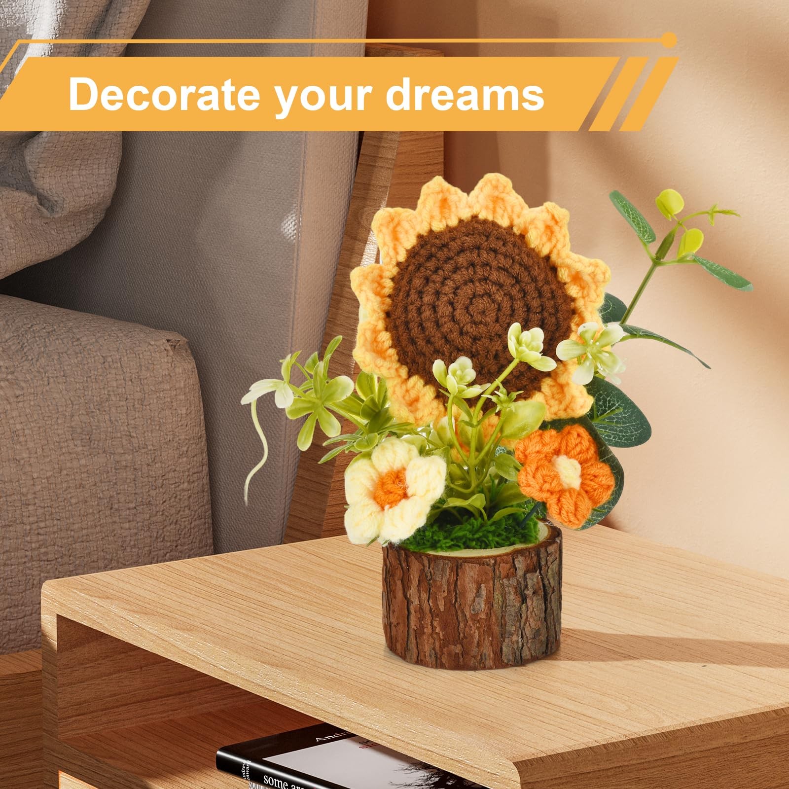 Cute Crochet Flowers Bouquet, Handmade Knitted Sunflowers with Wooden Pot, Croch
