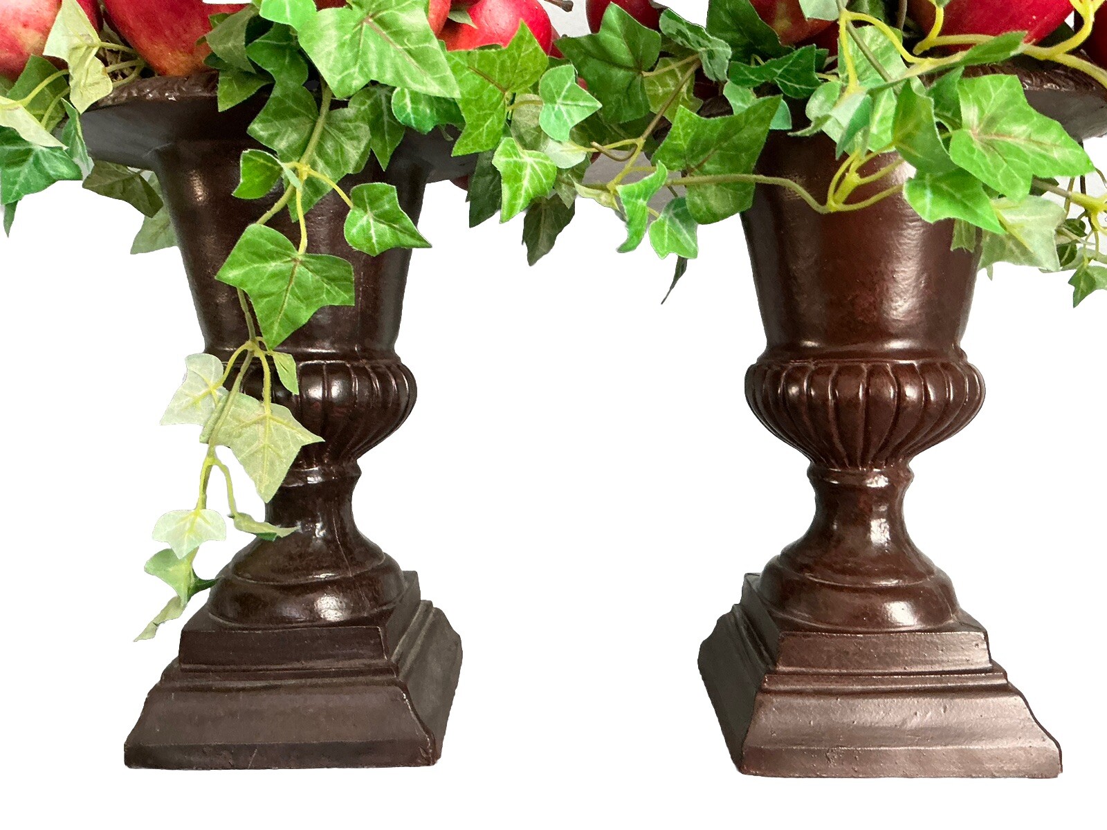 2 Vtg Artificial Red Apple Leaf Topiary Clay Planter Potted Heavy 16’’ Signed!