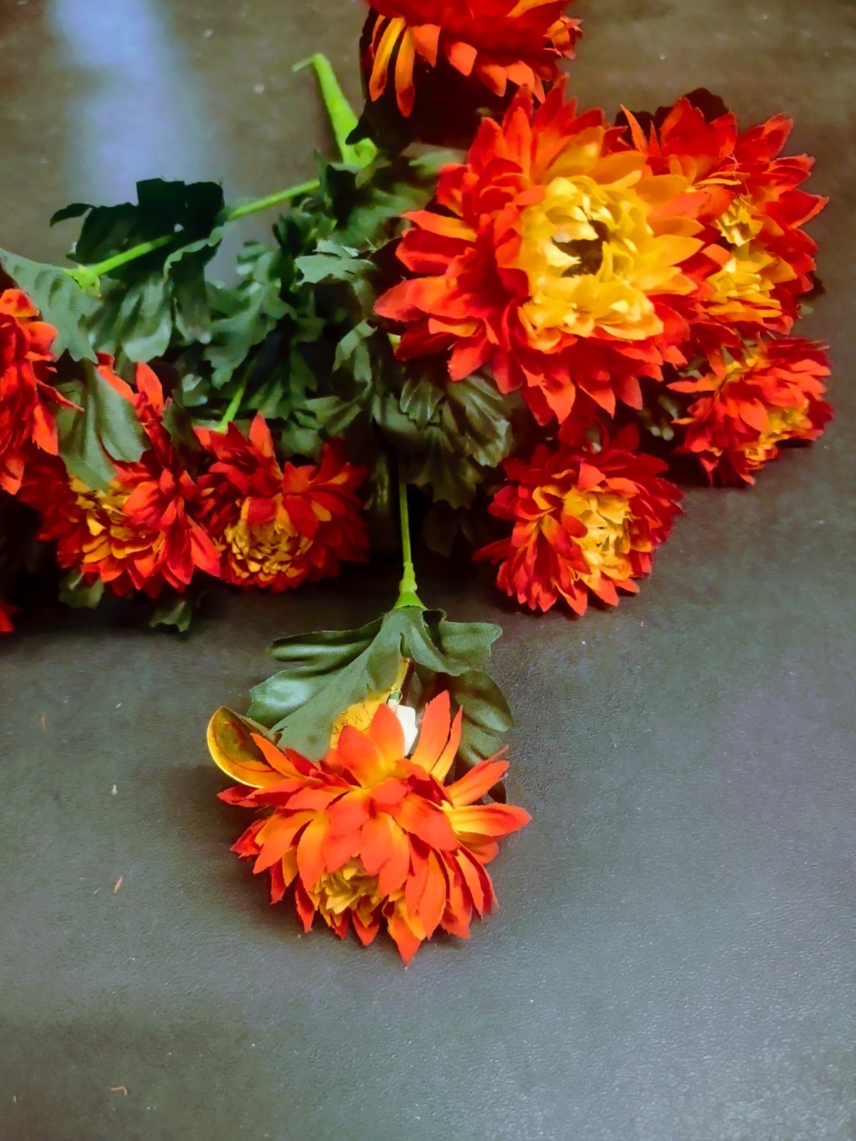 15″ Vintage Silk Strawflower Flower Bush with 10 Stems, Flame Yellow & Orange