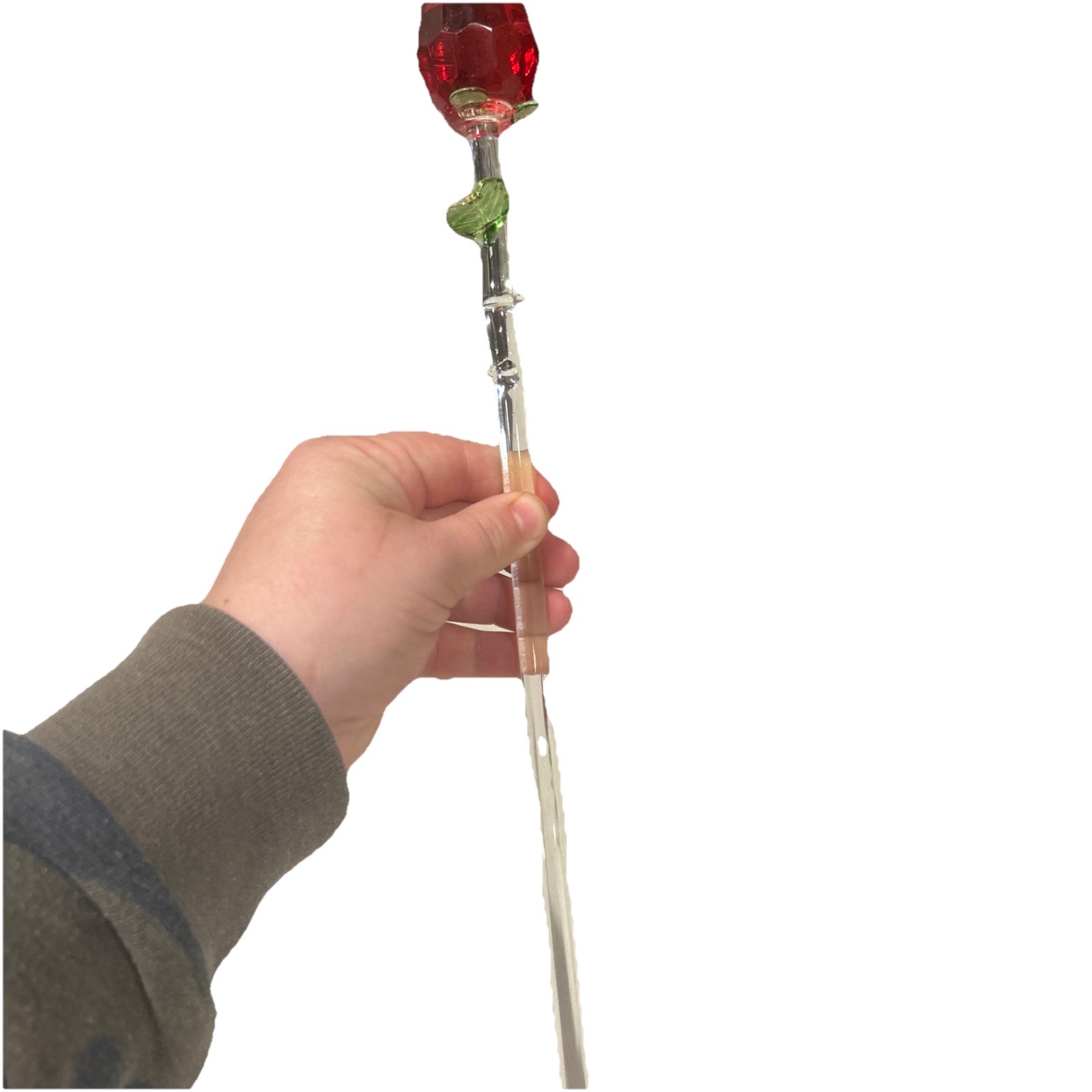 Lot 2 Crystal Glass Red Rose Clear Green Stem 13” In Tact (missing some petals)