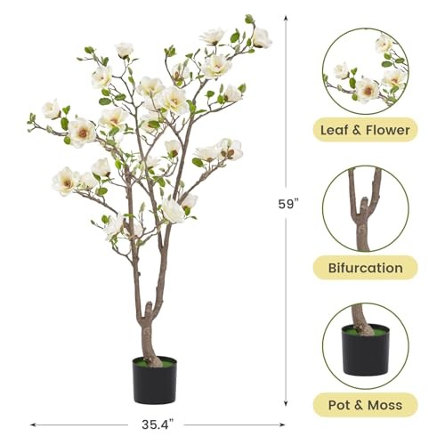 Artificial Magnolia Tree, 4.9 ft Tall Fake Indoor Tree, 4ft 11in White & Yellow