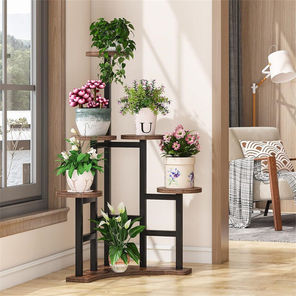 Corner Plant Stand Indoor, 6 Tiered Plant Shelf Flower Stand Garden Rustic Brown