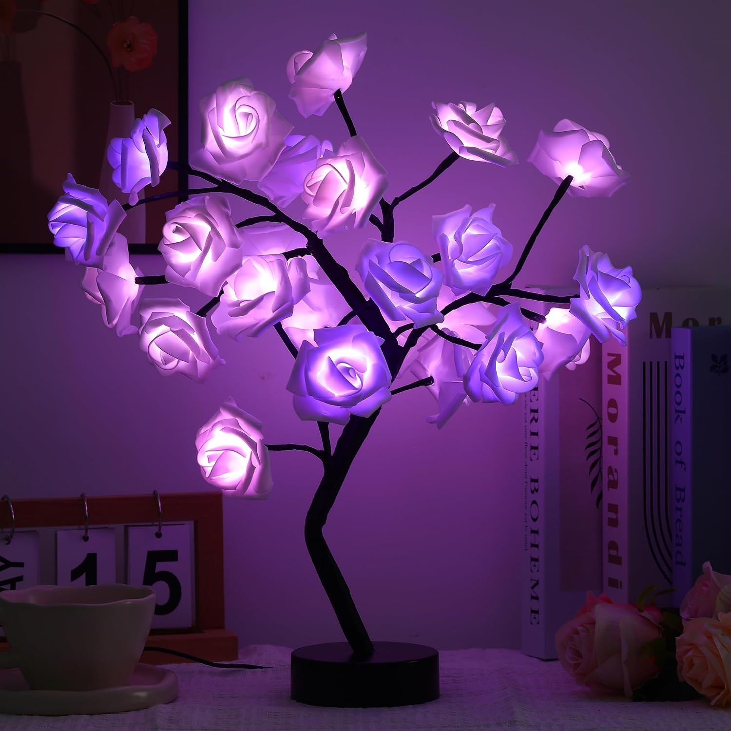 Rose Flower Tree Lamp – LED Rose Tree Table Lamp USB/Battery Powered Artificial