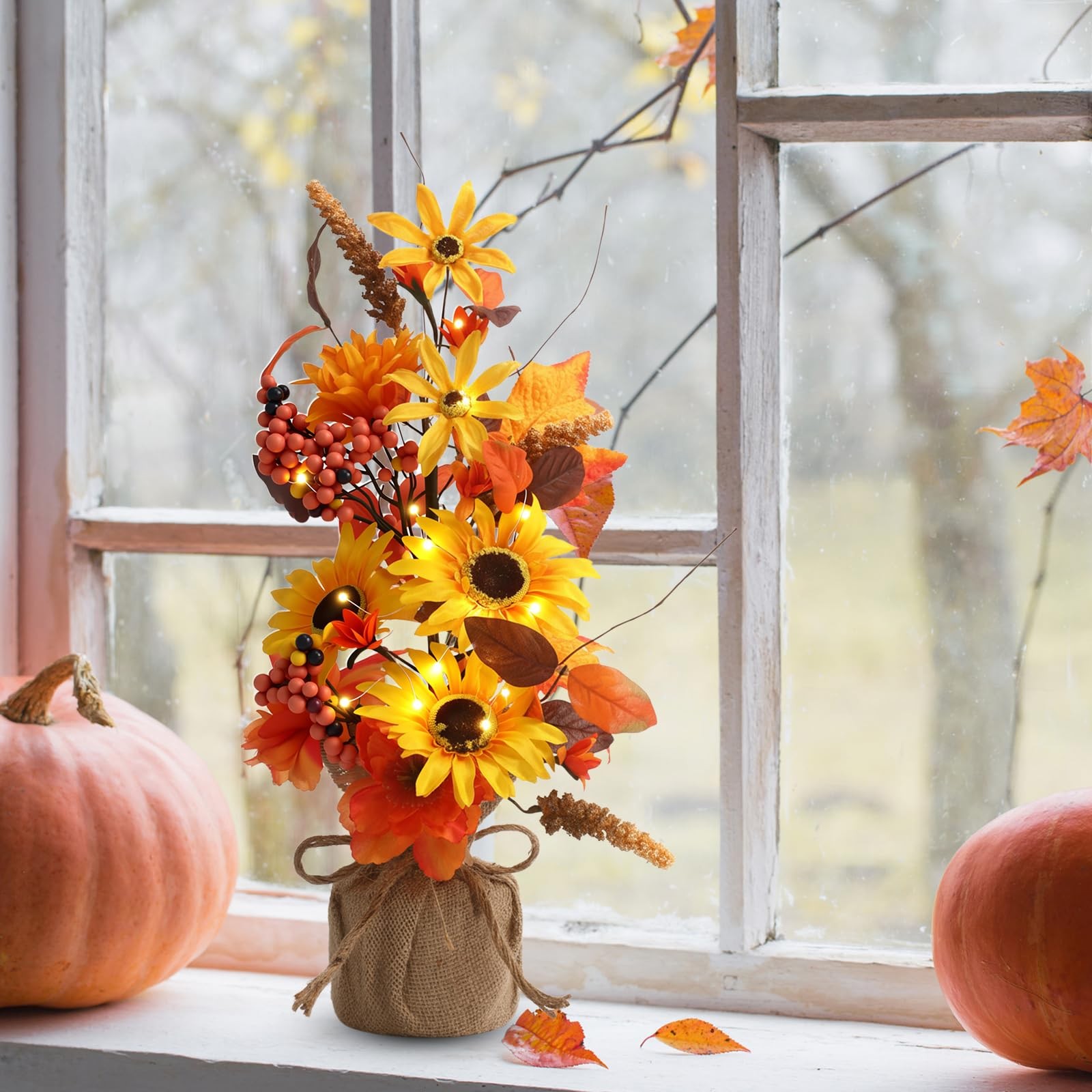 Fall Thanksgiving Centerpieces 16 Inch Lighted Tree Sunflowers Maple Leaves