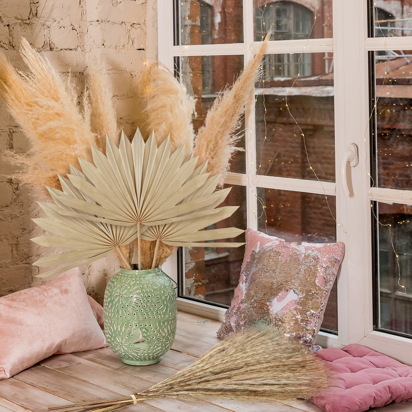 105 Pcs Boho Dried Pampas Grass & Palm Leaves, Natural Pampas Grass Decor Spe…