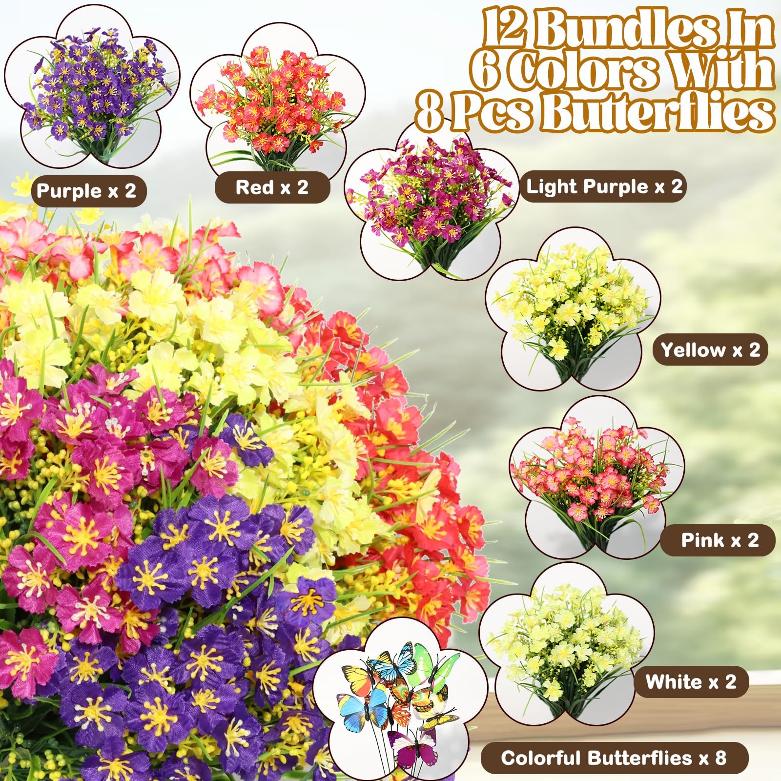 Artificial Flowers for Outdoors,12 PCS Silk Flowers UV Resistant Fake Flowers…