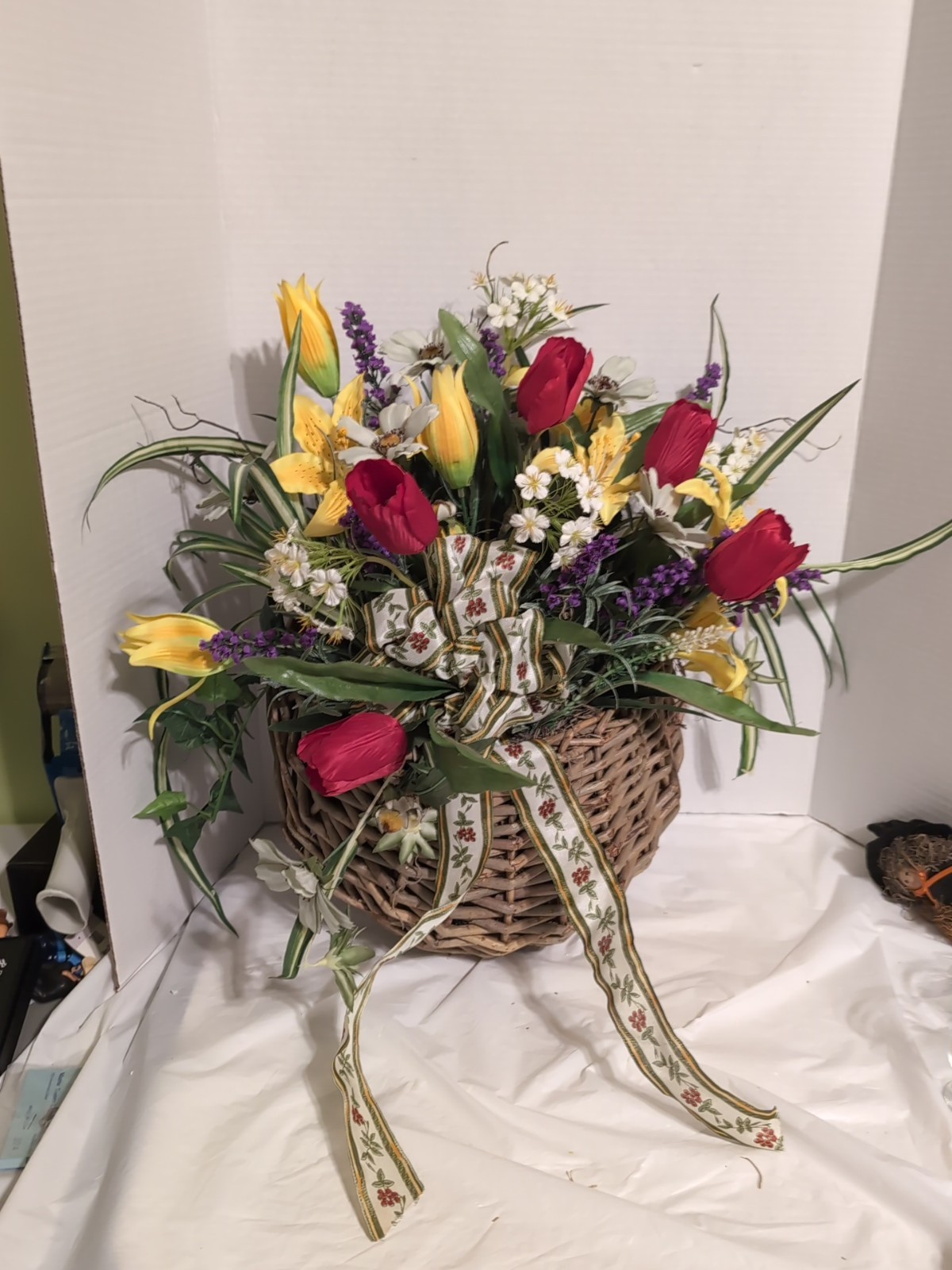 Handmade Lavender & Many Mixed Artificial Flowers Hanging Wall Basket 25”