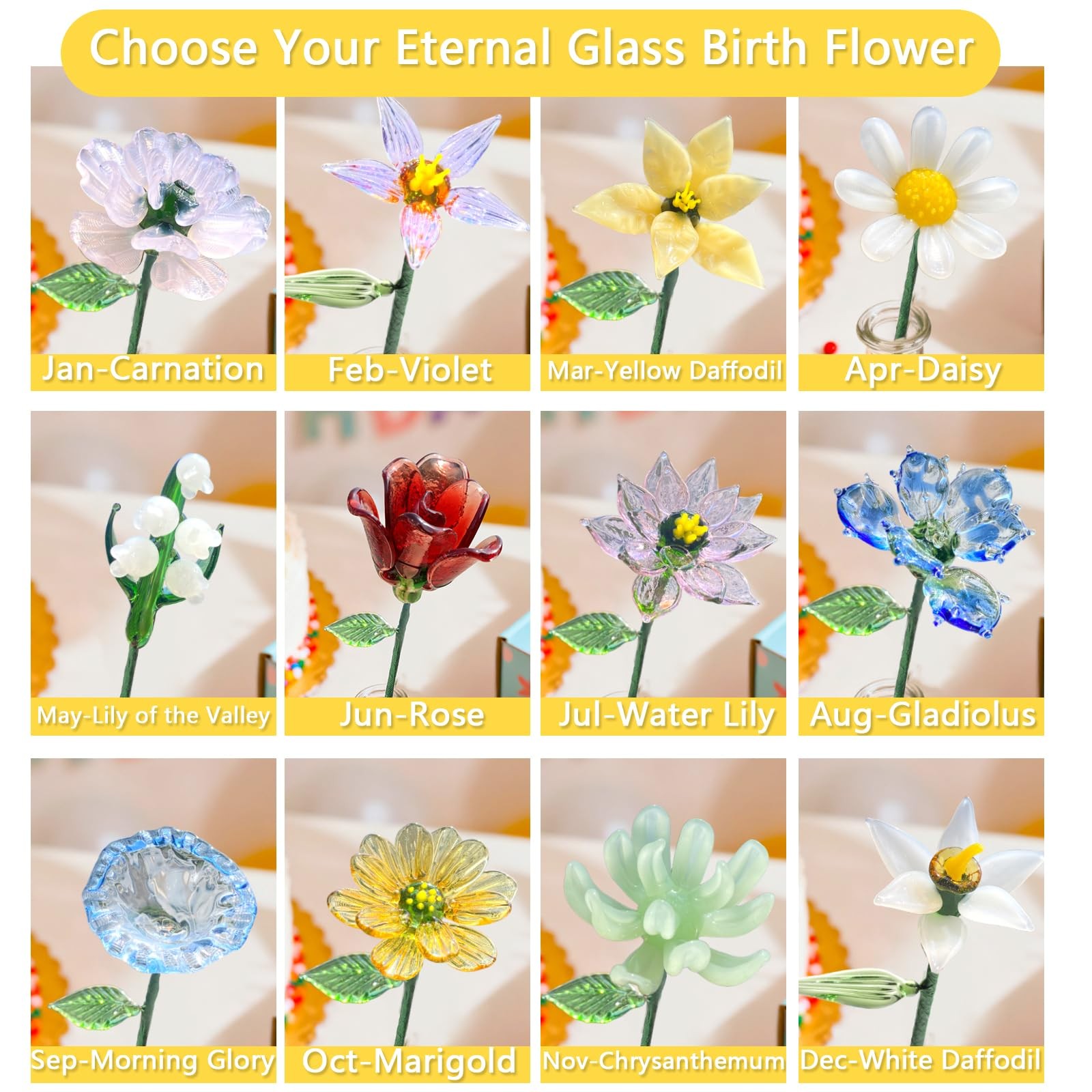 Glass Birth Month Flower, Handmade Glass Flower Gift for Mother Father Friend…