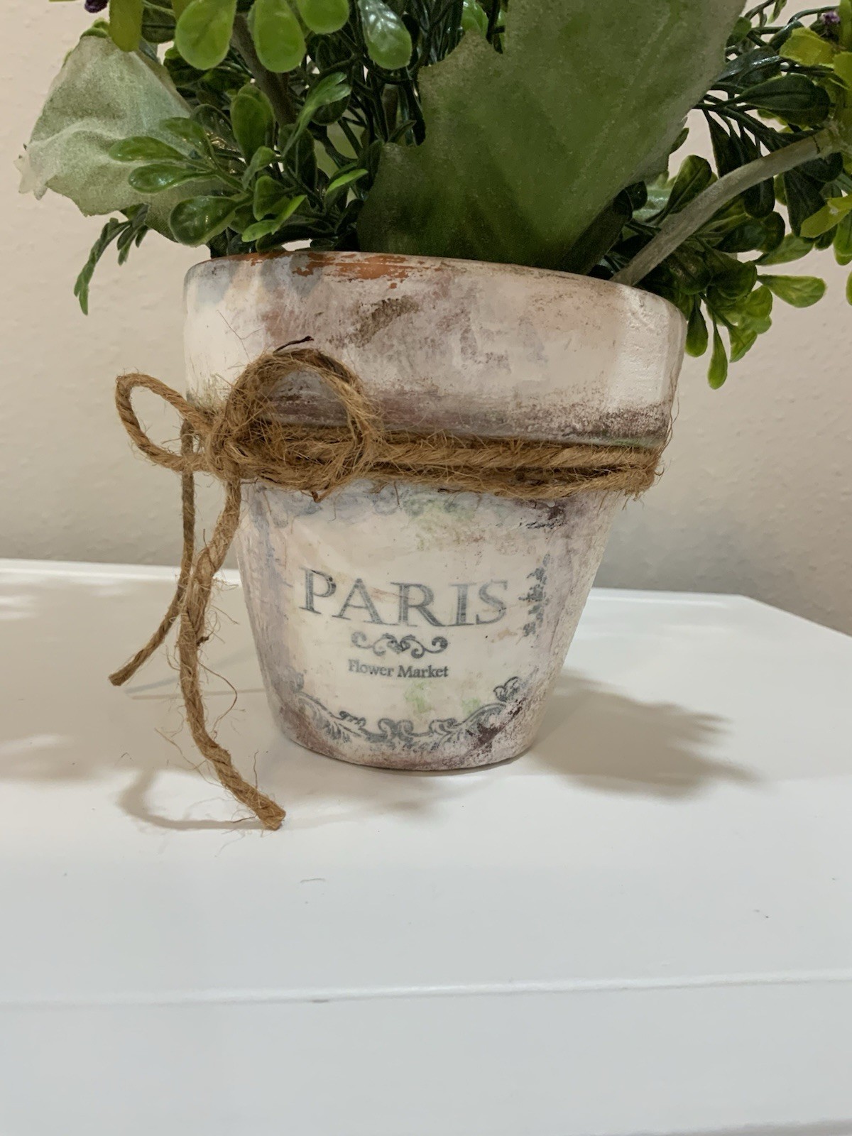 Distressed White Wash Terracotta Pot Paris Purple Flower Arrangement Bow