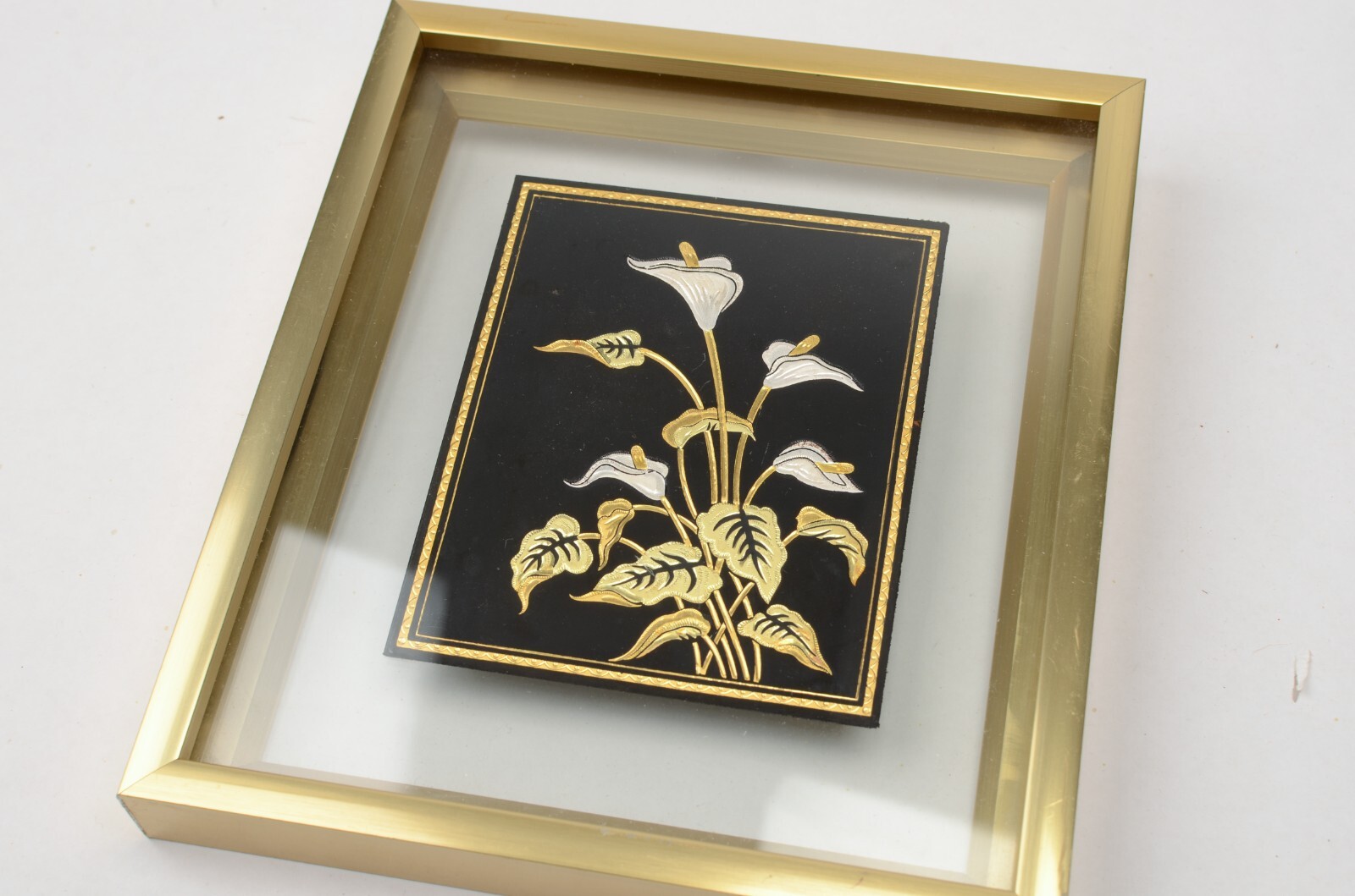 Damascene Floral Calla Lily Decoration 24K Gold Toledo Spain Framed 3.25 x 4 in