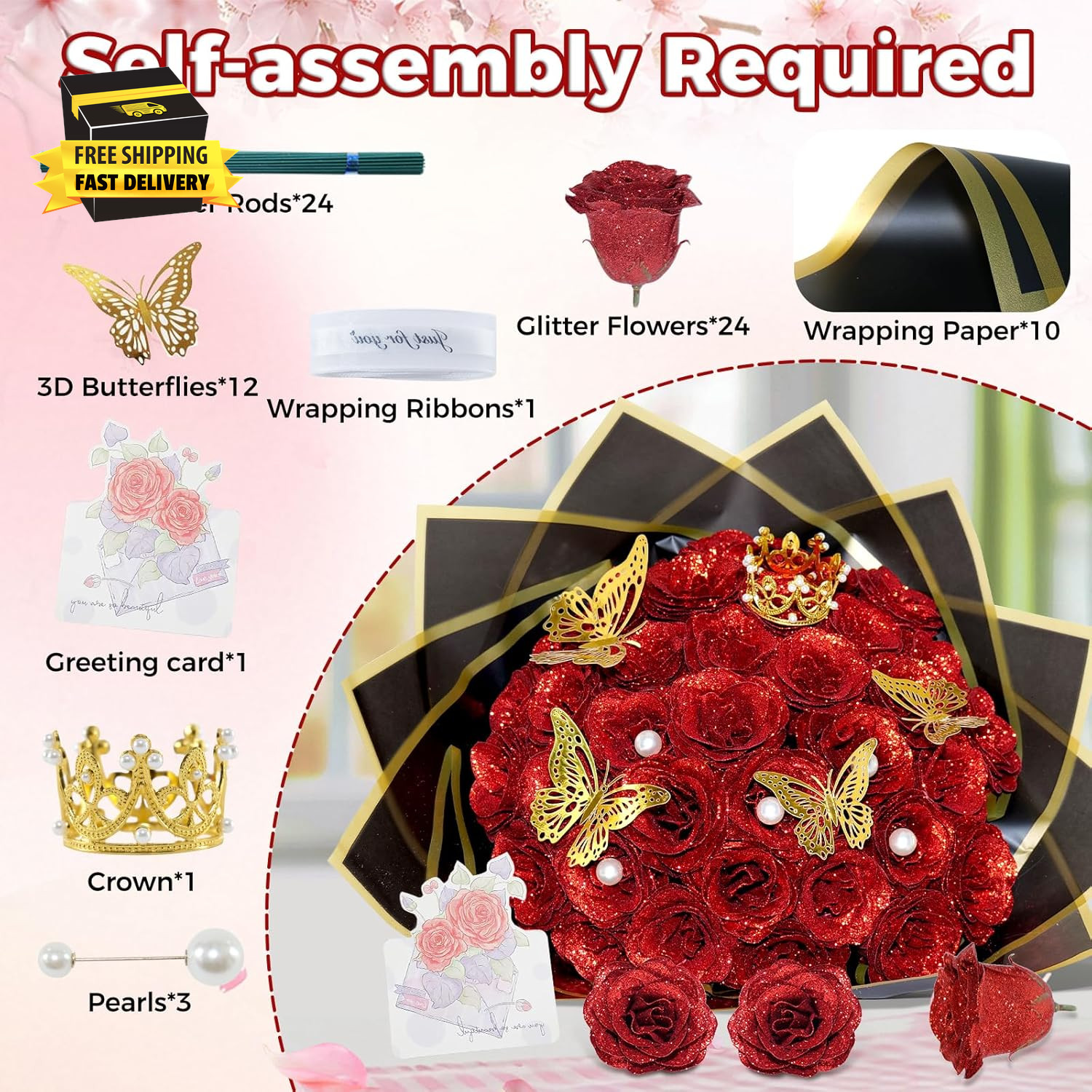 Red Glitter Roses Bouquet, 24 Pcs Shiny Glitter Flowers Bouquet, Everlasting Art